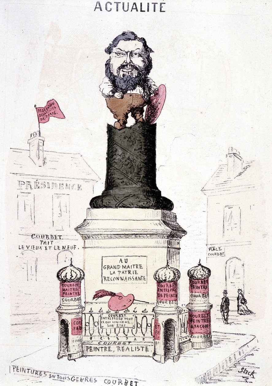 Caricatura de Courbet en estatua sobre la base truncada de la columna Vendôme de French School