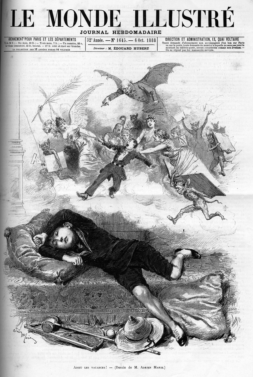 Caricatura de un joven escolar reprendiéndose por el fin de las vacaciones acercándose a la clase en 1888. de French School