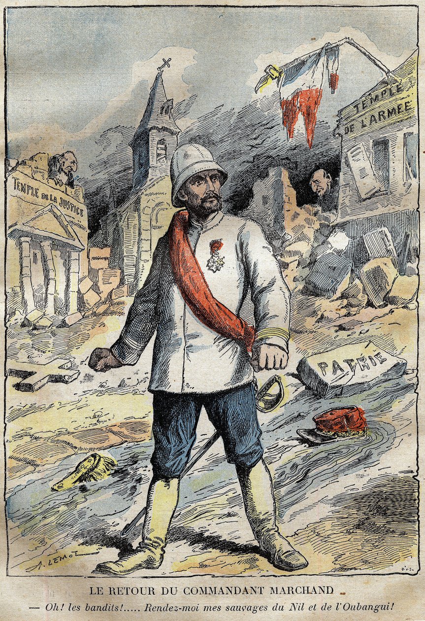 Caricatura del comandante Jean-Baptiste (Jean Baptiste) Marchand (1863-1934), en Toulon, regresando de una misión de exploración (1896-1899) en África. Grabado en "Le Pelerin" 4/06/1899 de French School