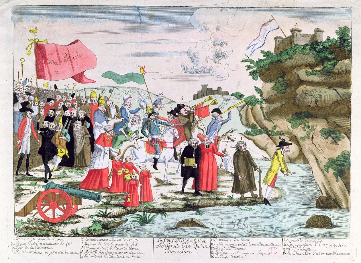Caricatura ridiculizando al clero y aristócratas franceses que se refugiaron en Alemania durante la Revolución, c.1792 de French School