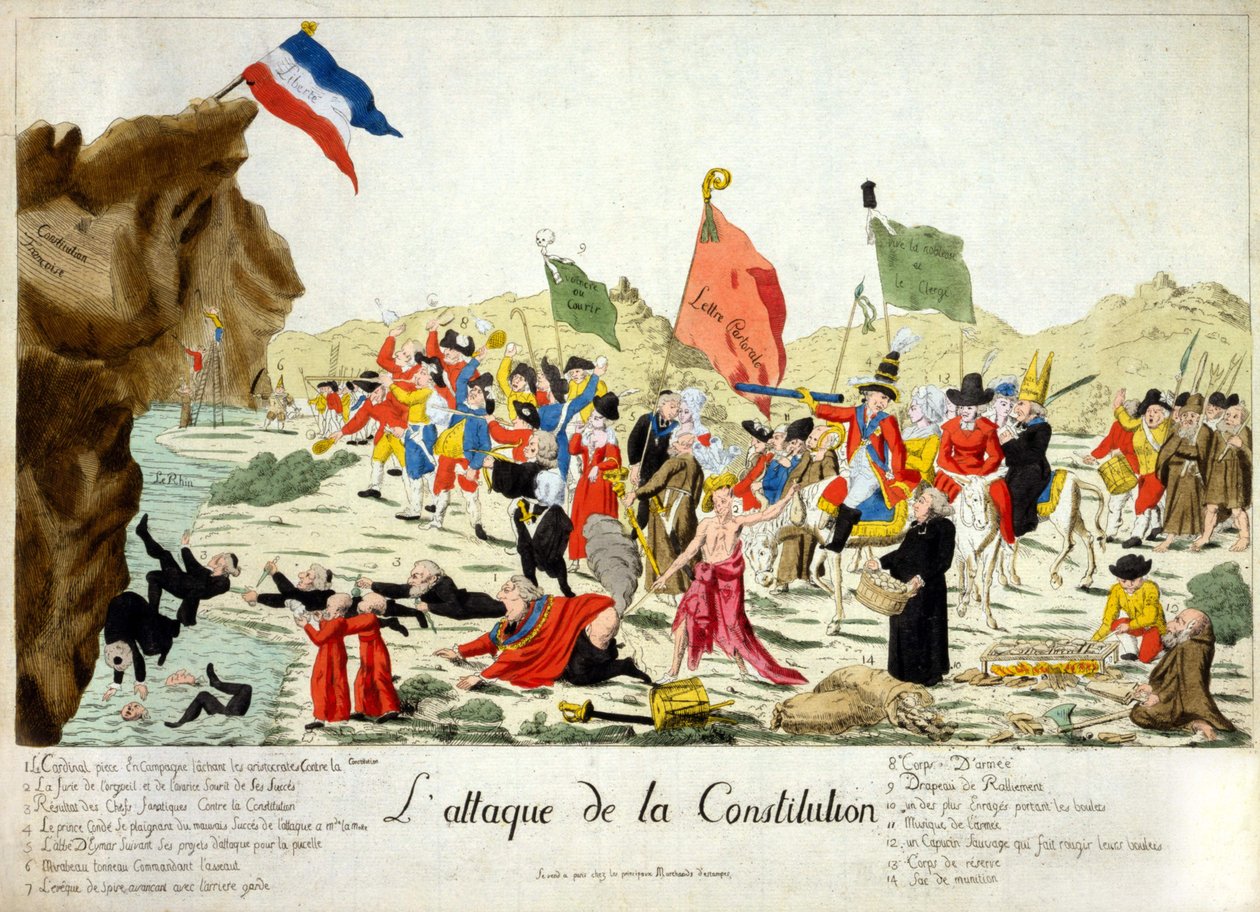 Caricatura que muestra a miembros de varios grupos atacando una roca, identificada como “Constitución Francesa”, sobre la cual descansa la bandera francesa con la inscripción “Liberté”. Los grupos están numerados e identificados debajo de la copia. 1792 de French School