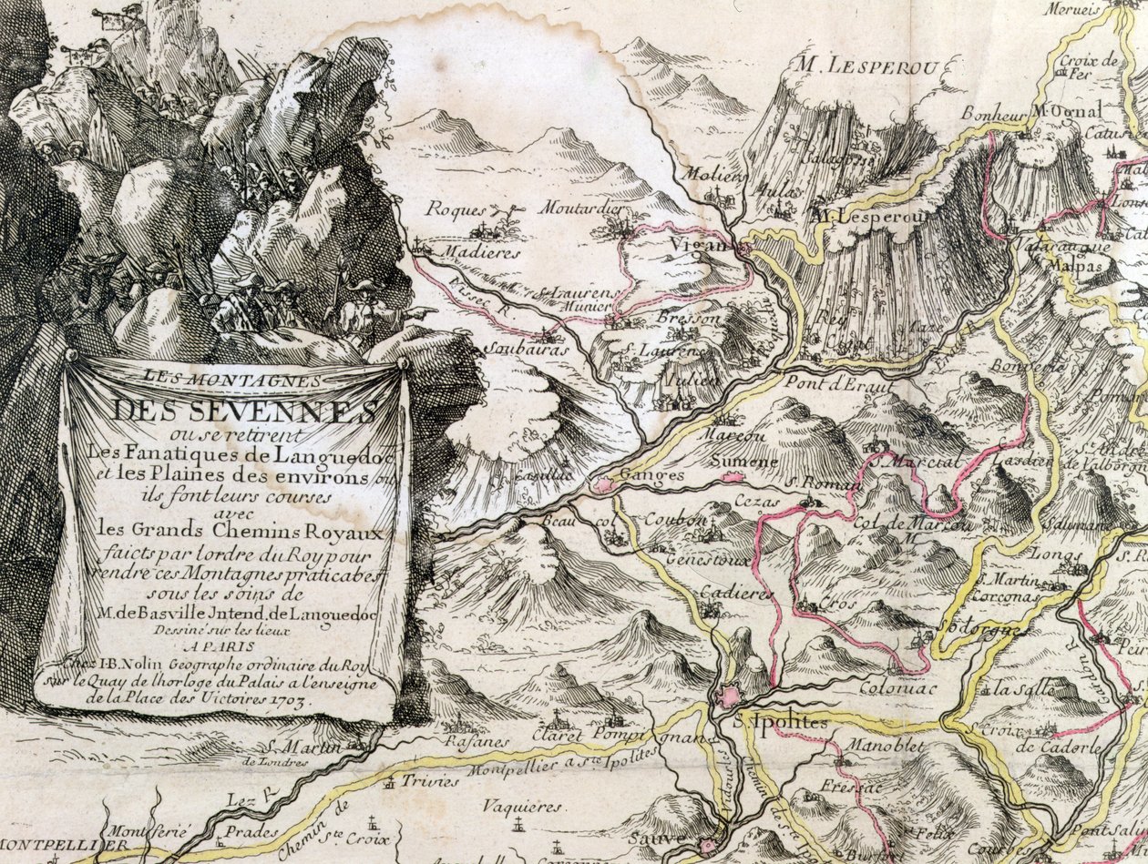 Cartucho de un mapa de la región de Cevennes, 1703 de French School