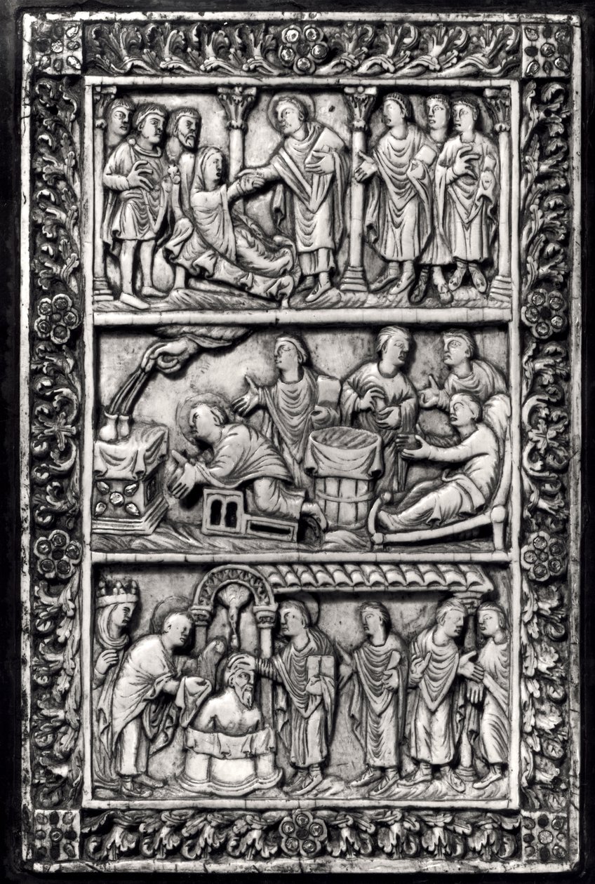 Placa tallada para una cubierta de libro que representa escenas de la vida de San Remigio (c.437-533) y el bautismo de Clodoveo I (465-511) de French School