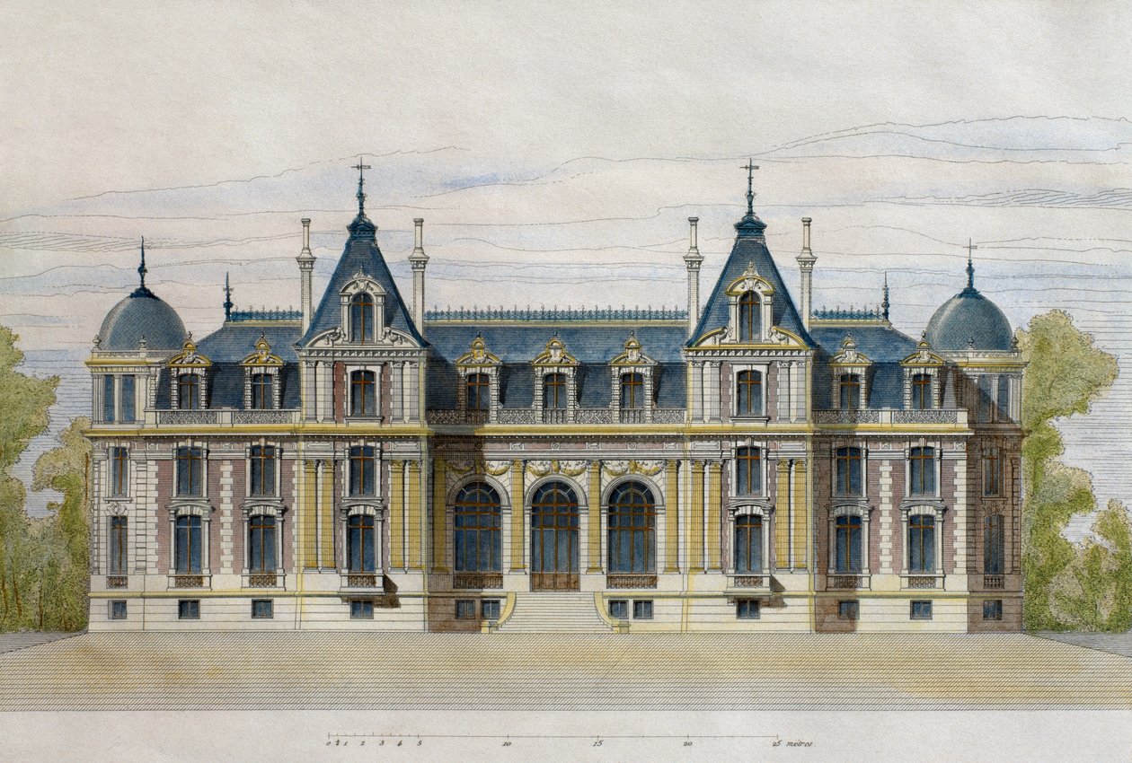 Castillo de Neuflize perteneciente a los Hermanos Pate, fachada del jardín, ilustración de Le Moniteur des architectes, 1884, grabado por F. Penel de French School