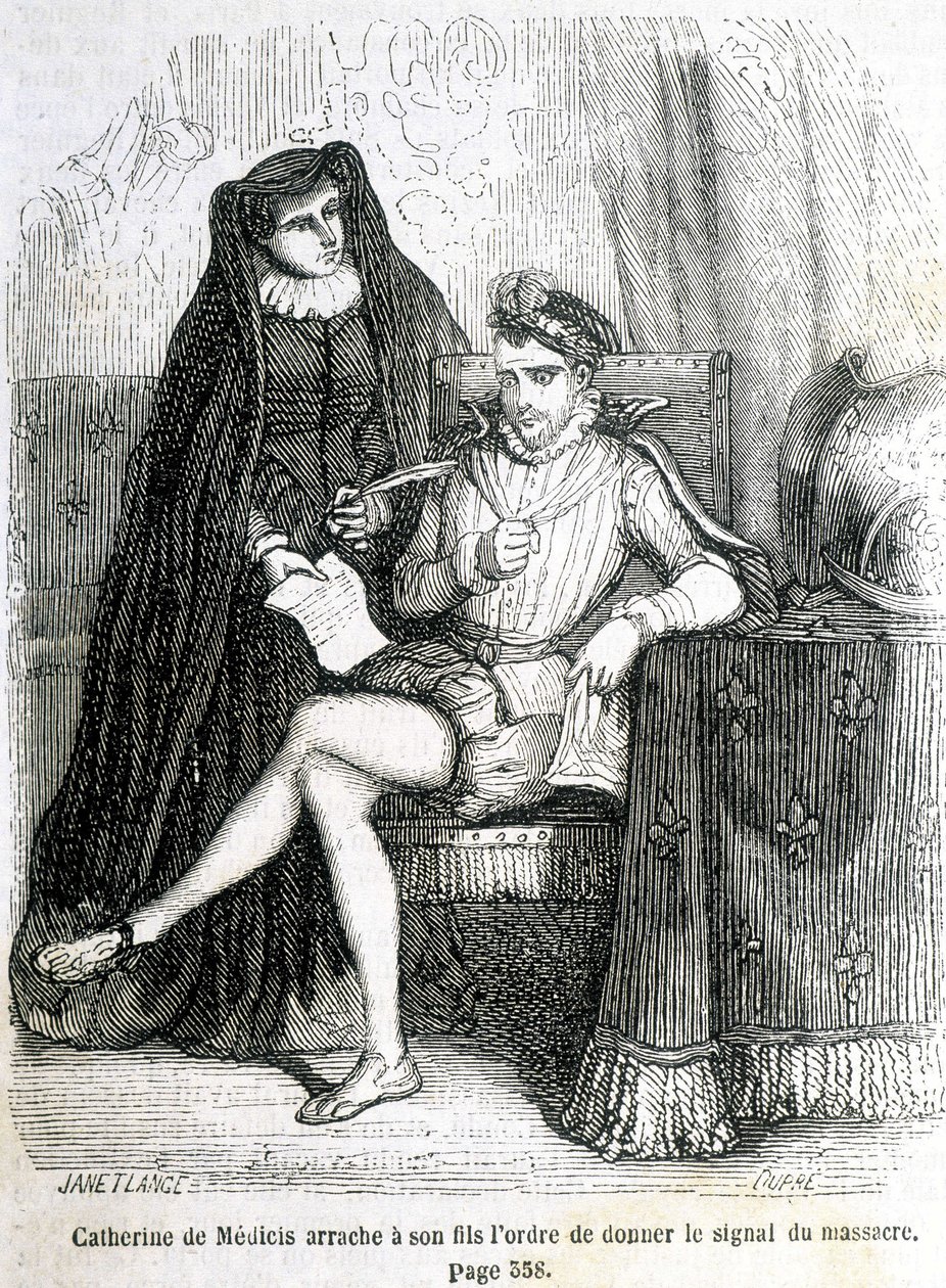 Catalina de Médici arranca de su hijo (Carlos IX) la orden de dar la señal de la masacre de San Bartolomé en 1572 - en 