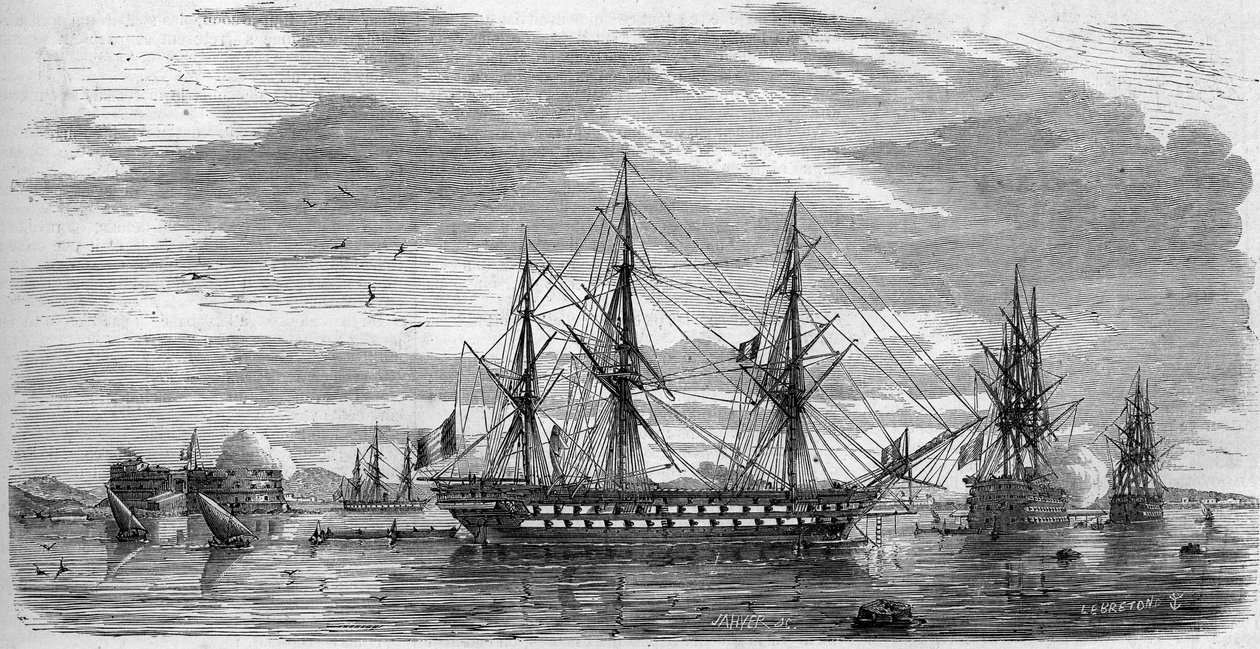 Fiesta católica: Viernes Santo en Toulon (Var, 83) en 1858. Los barcos tienen sus mástiles en cruz y sus banderas a media asta en señal de luto. Grabado en "Le Monde Illustré" n°53 del 17 de abril de 1858. de French School