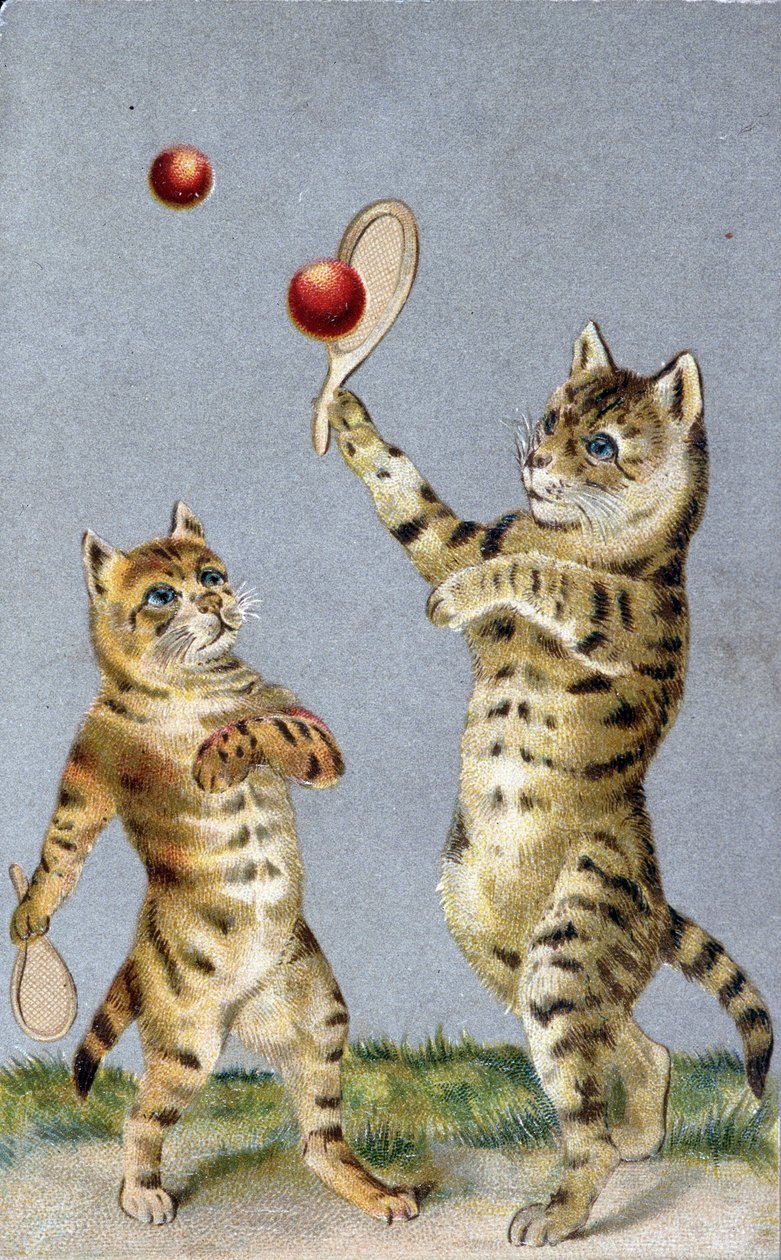 Gatos jugando al tenis - postal de principios del siglo XX de French School