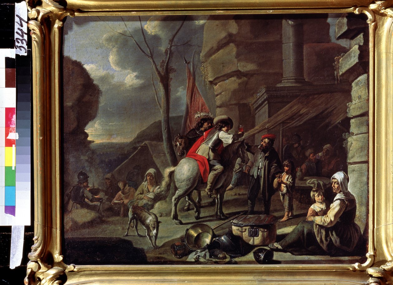 ""Jinetes llegando a una posada en el camino"" (Jinetes en una taberna) Los mendigos se instalan frente a la entrada. Pintura de la escuela francesa de la segunda mitad del siglo XVII. Museo Pushkin, Moscú de French School