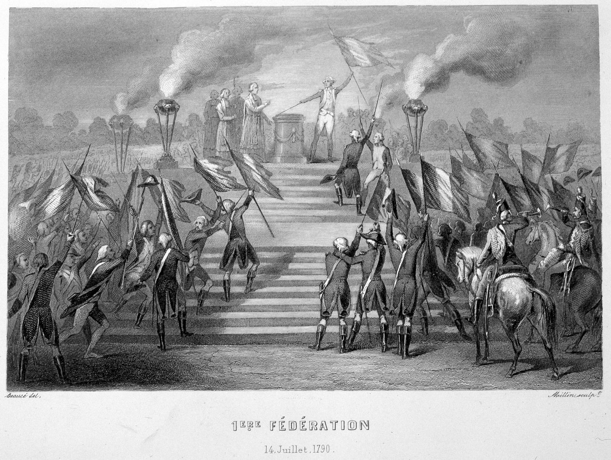 Celebración de la 1ª Federación Nacional el 14 de julio de 1790 en el Altar de la Patria en Champs-de-Mars, con motivo del 1º aniversario de la toma de la Bastilla - en 