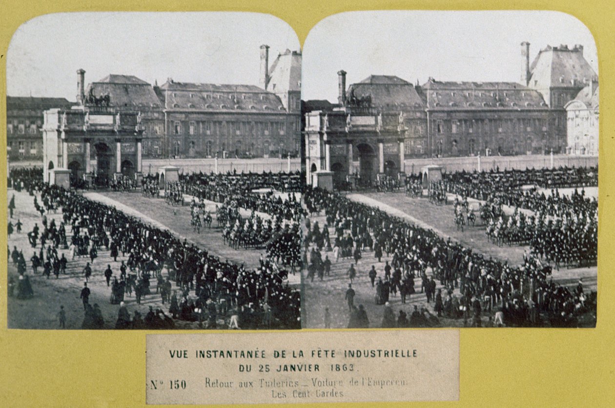 Celebración de la Industria en las Tullerías, Place du Carrousel, París, vista estereoscópica, 25 de enero de 1863 de French School