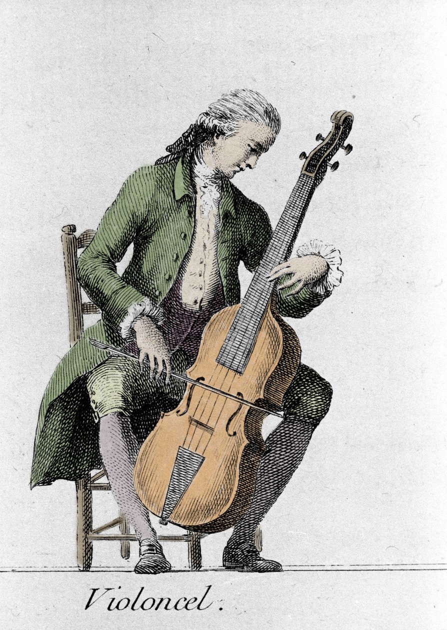 Violonchelista. Grabado de finales del siglo XVIII. de French School