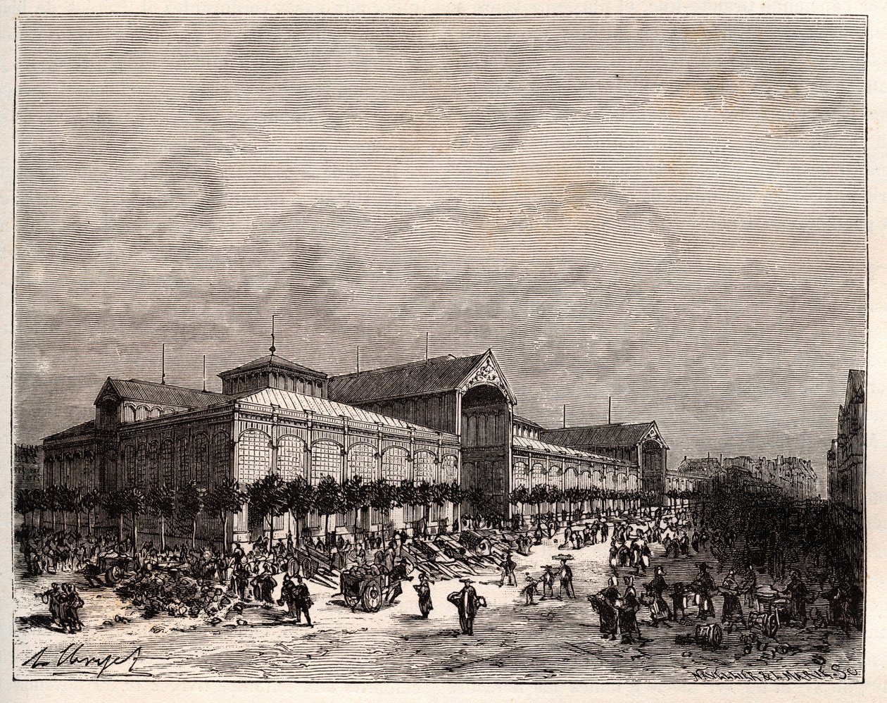 Mercados centrales en París en el siglo XIX - grabado en “La France illustrée: géographie, histoire, administration statistique” por V.A. Malt-Brown. 1884 de French School