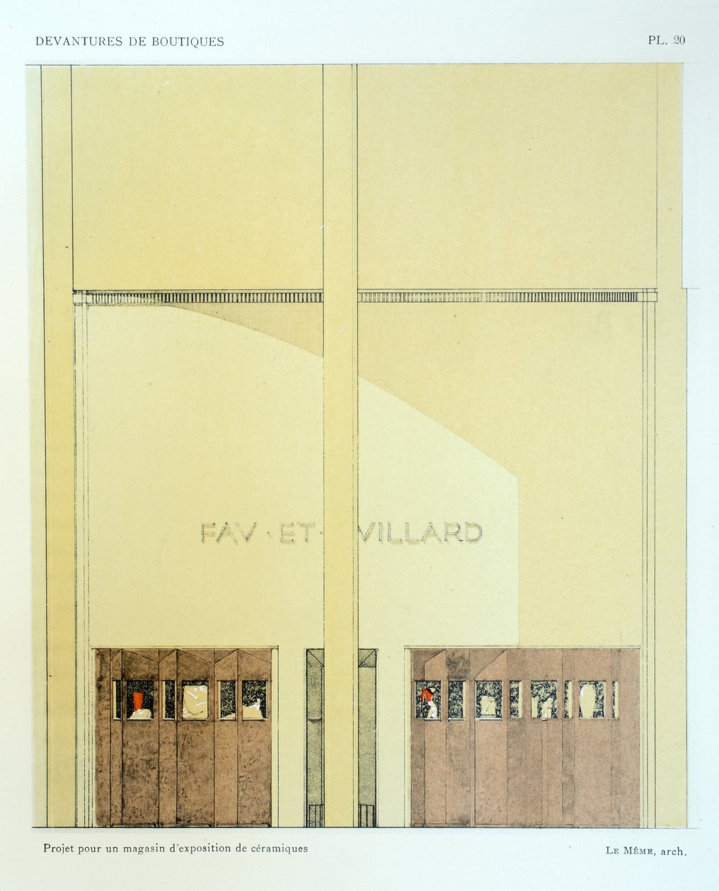 Sala de exposición de cerámica, lámina 20, ilustración de Devantures de Boutiques de Louis-Pierre Sezille, París, 1927 de French School