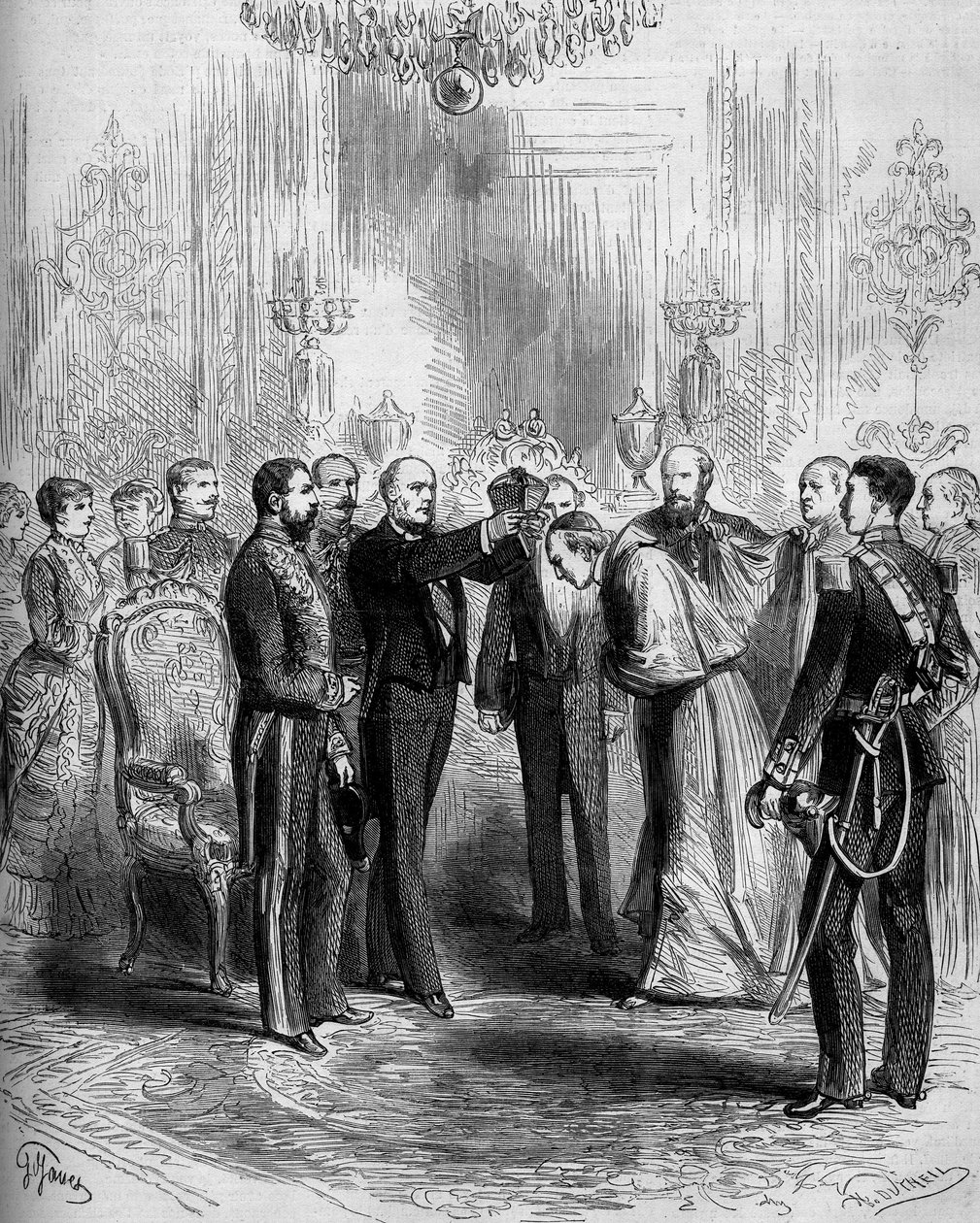 Ceremonia para la presentación de las insignias del cardenalato: Pier Francesco Meglia (1810-1883) recibió el manto rojo del cardenal mientras Jules Grévy (1807-1891) colocaba la birreta cardenalicia en su cabeza. París, Palais de l