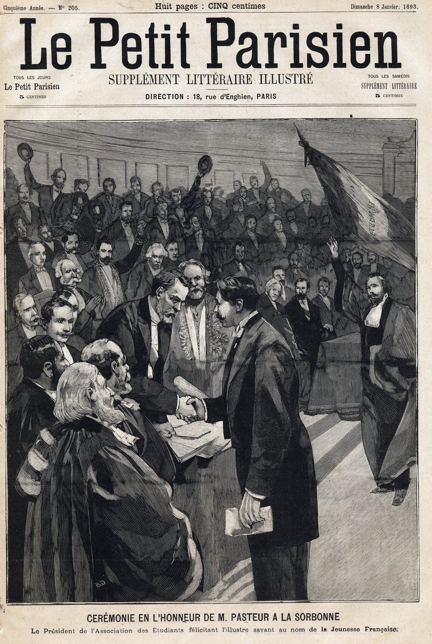 Ceremonia en honor al científico Louis Pasteur (1822-1895) en la Sorbona para celebrar su cumpleaños. Uno del periódico "Le Petit Parisien" el 08/01/1893 (grabado) de French School