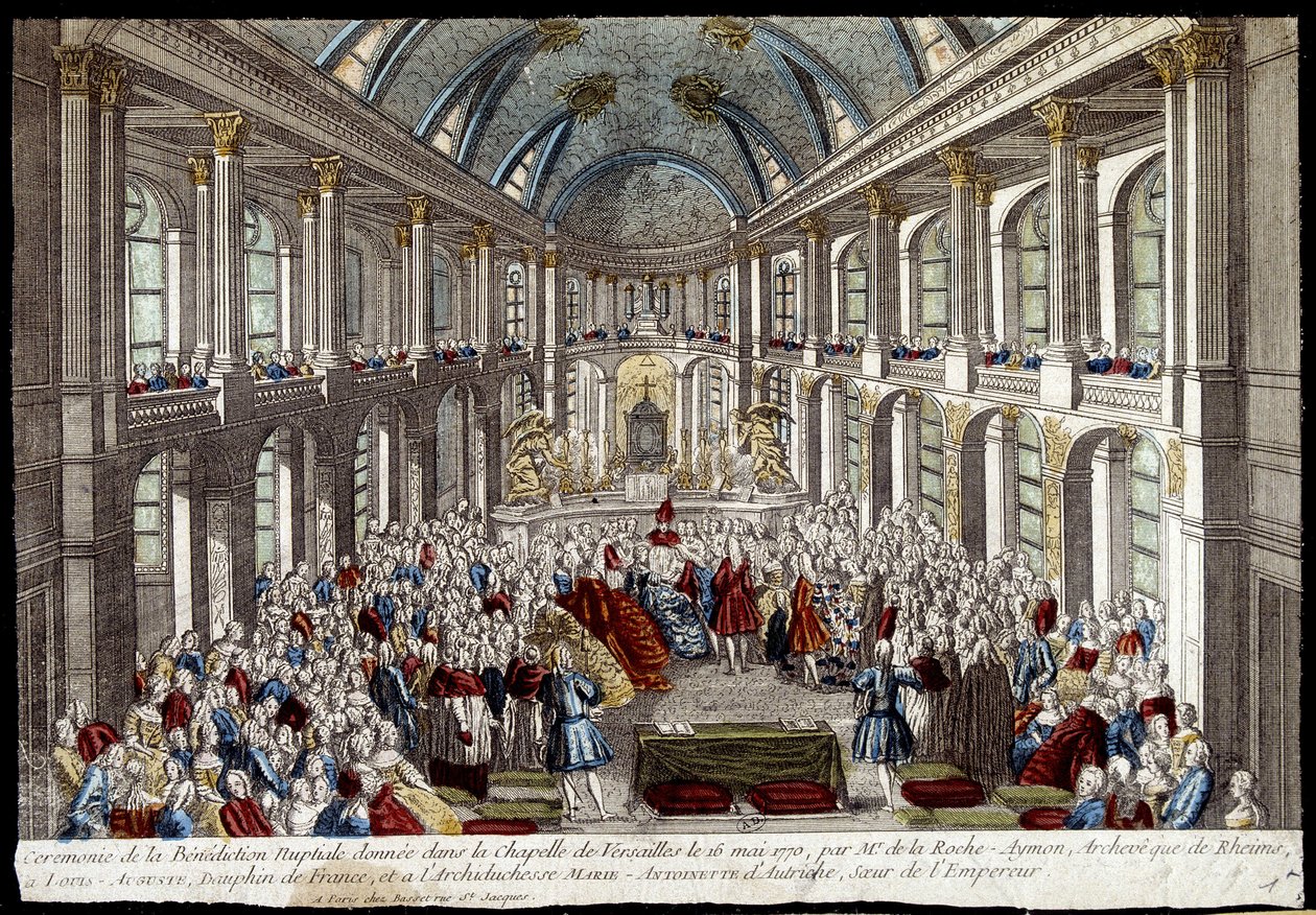 Ceremonia de la bendición nupcial dada en la capilla de Versalles el 16 de mayo de 1770 por Luis Augusto, delfín de Francia (Luis XVI), y María Antonieta de Austria - grabado de French School