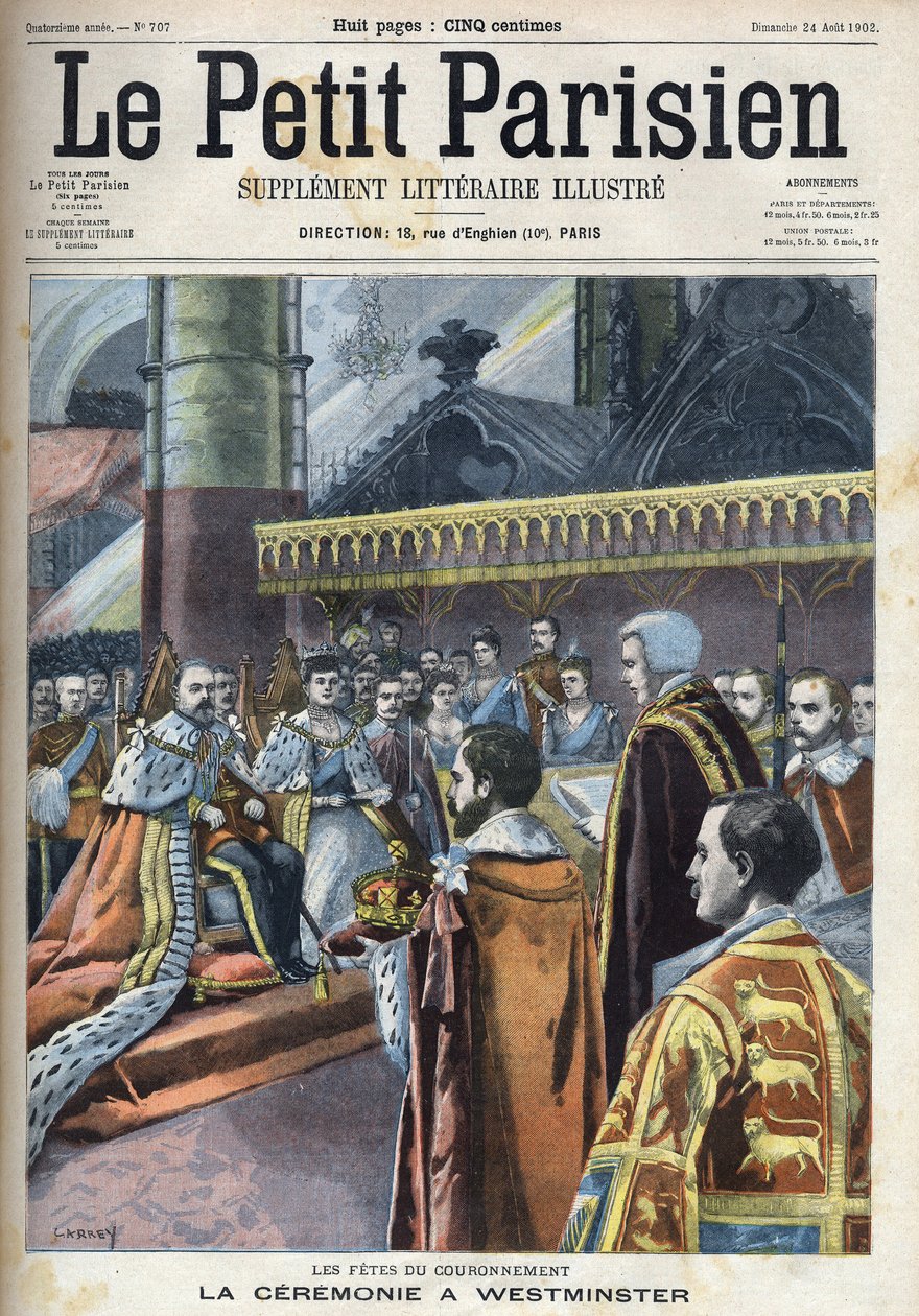 Ceremonia de la coronación en Westminster: Rey Eduardo VII (1841-1910) y Alexandra de Dinamarca (1844-1925), en "Le Petit Parisien" de French School