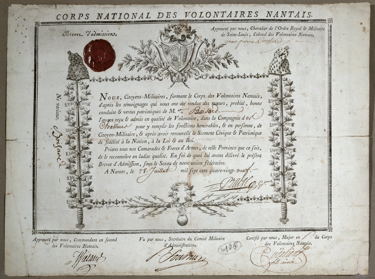 Certificado de admisión a la Guardia Nacional de Voluntarios de Nantes, 1789 de French School