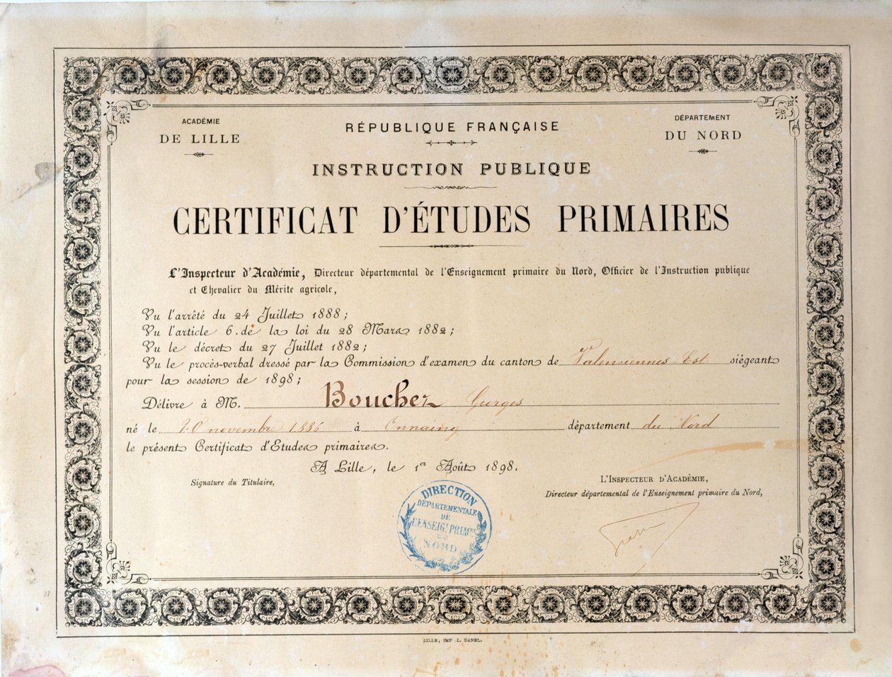 Certificado de Educación Primaria, Academia de Lille, 1898 de French School