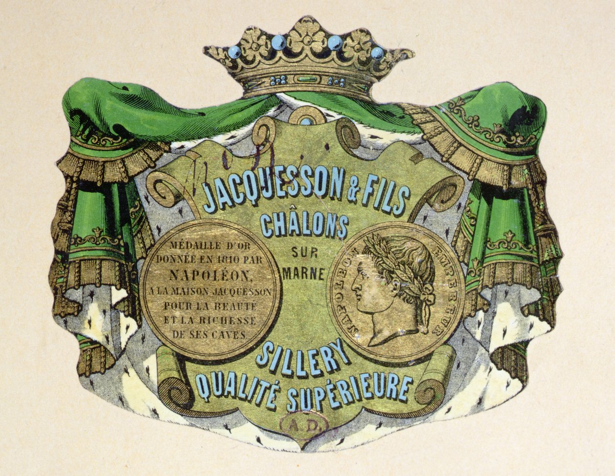 Etiqueta de champán para Jacquesson & Fils, Champagne Sillery Marque, mediados del siglo XIX de French School