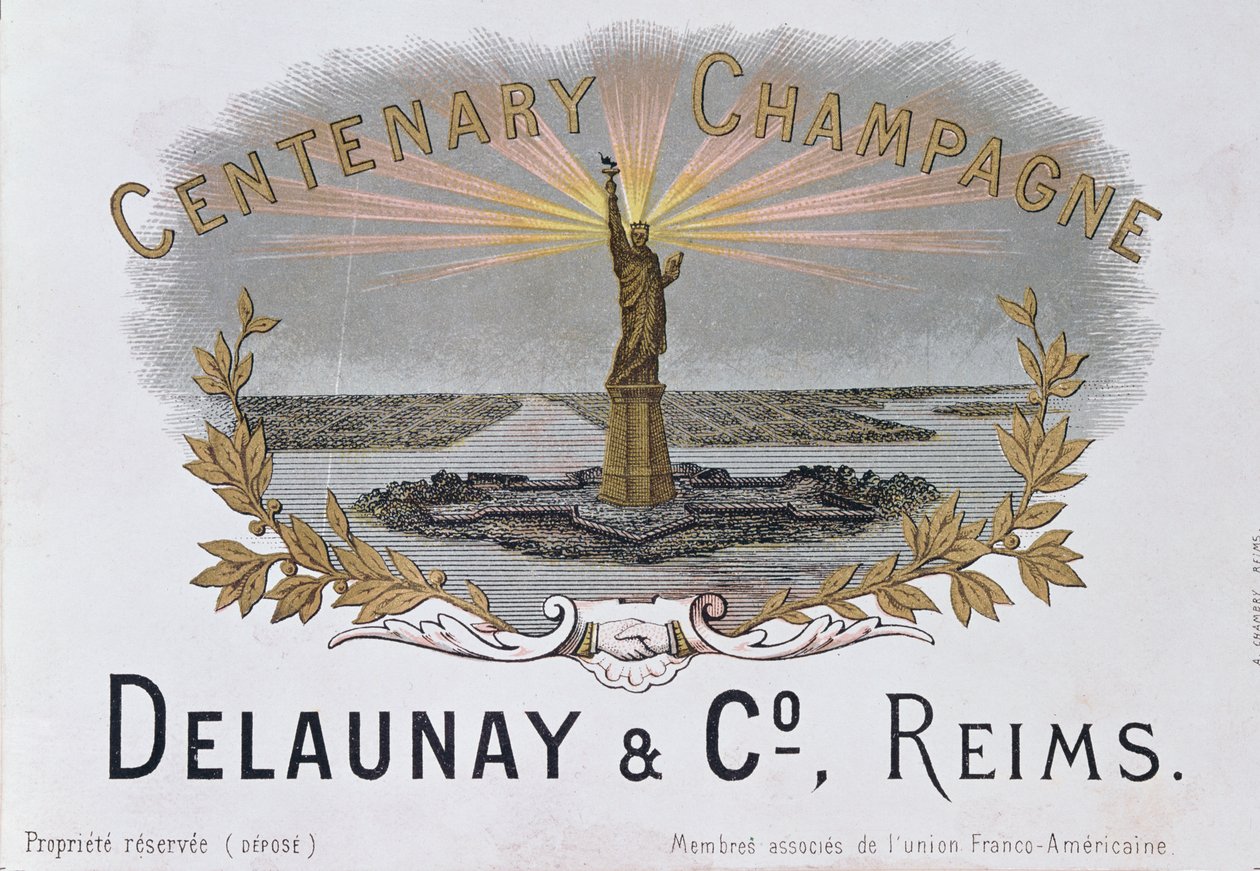 Etiqueta de champán de la casa Delaunay & Co. celebrando el centenario de la Independencia Americana y representando la Estatua de la Libertad, c.1876 de French School