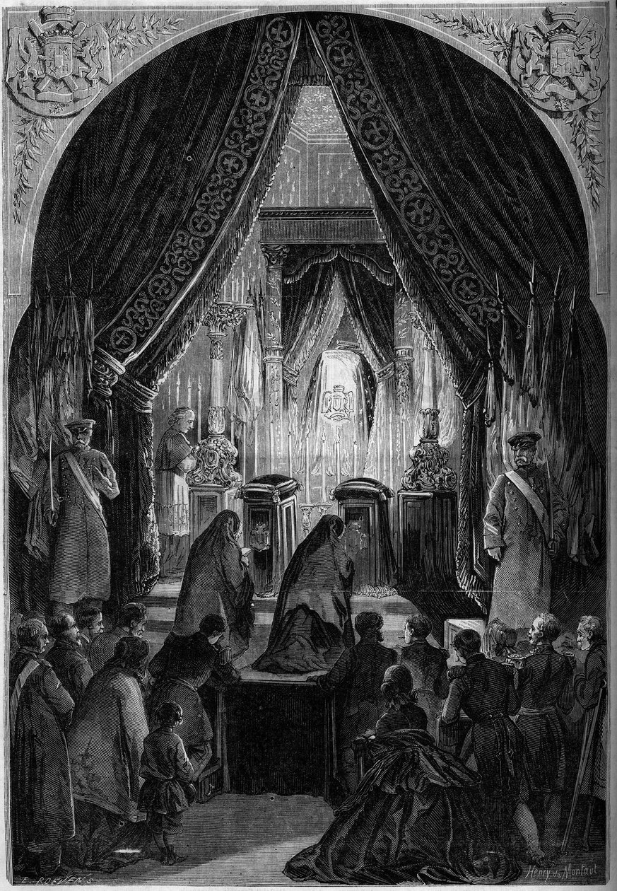 Capilla ardiente durante los funerales del Conde Philippe Antoine Ornano (1784-1863), Mariscal del Imperio. París, Invalides de French School