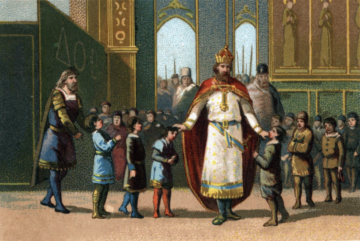 Carlomagno, Rey de Francia de 768 a 814, fundador de la escuela supervisa las clases. Cromolitografía alrededor de 1890. de French School