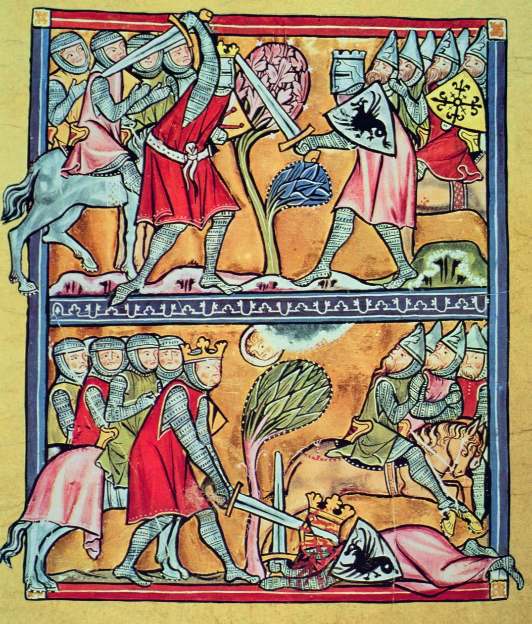 Carlomagno y sus paladines en batalla contra los sarracenos, miniatura de "Carlomagno y sus paladines" (vitela) de French School