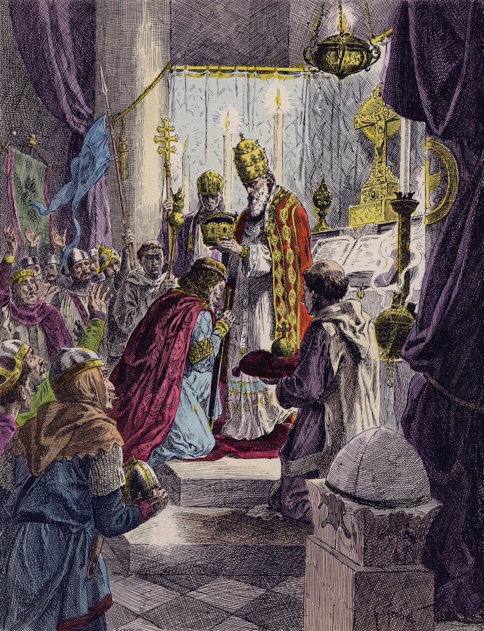 Carlomagno coronado emperador del Sacro Imperio Romano Germánico por el papa León III, Roma, 800 (litografía en color) de French School