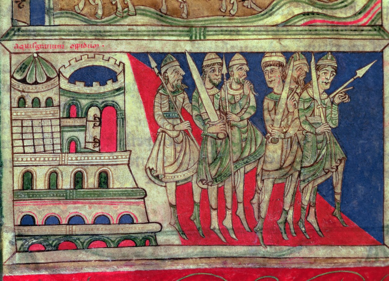Carlomagno saliendo de Aquisgrán para viajar a Santiago de Compostela, miniatura del "Códice Calixtus", fol. 162v., c.1150 (vitela) de French School