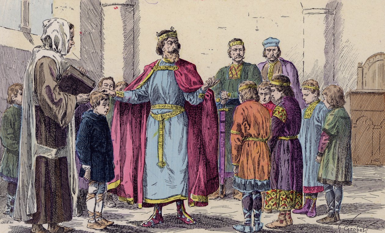 Carlomagno visitando una escuela (litografía en color) de French School
