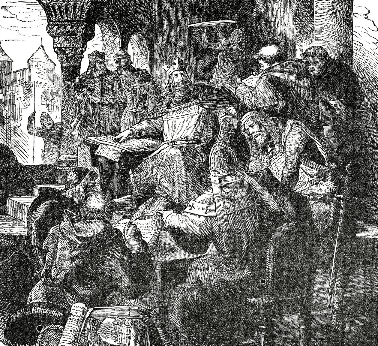 Carlomagno con alumnos y maestros de su Escuela del Palacio en Aquisgrán, c.1890 de French School