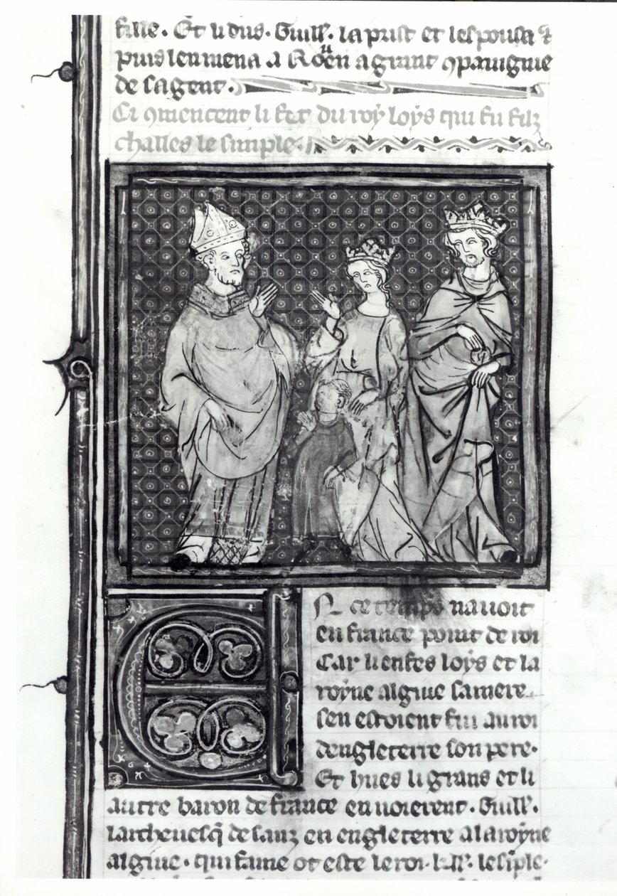 Carlos III el Simple con su esposa y su hijo, Luis IV, Grandes Crónicas de Francia, 1375-79 de French School
