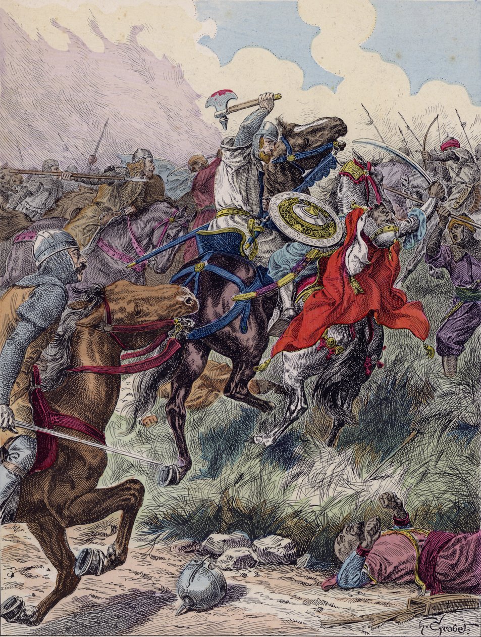 Carlos Martel en la batalla de Poitiers, 732 (litografía en color) de French School