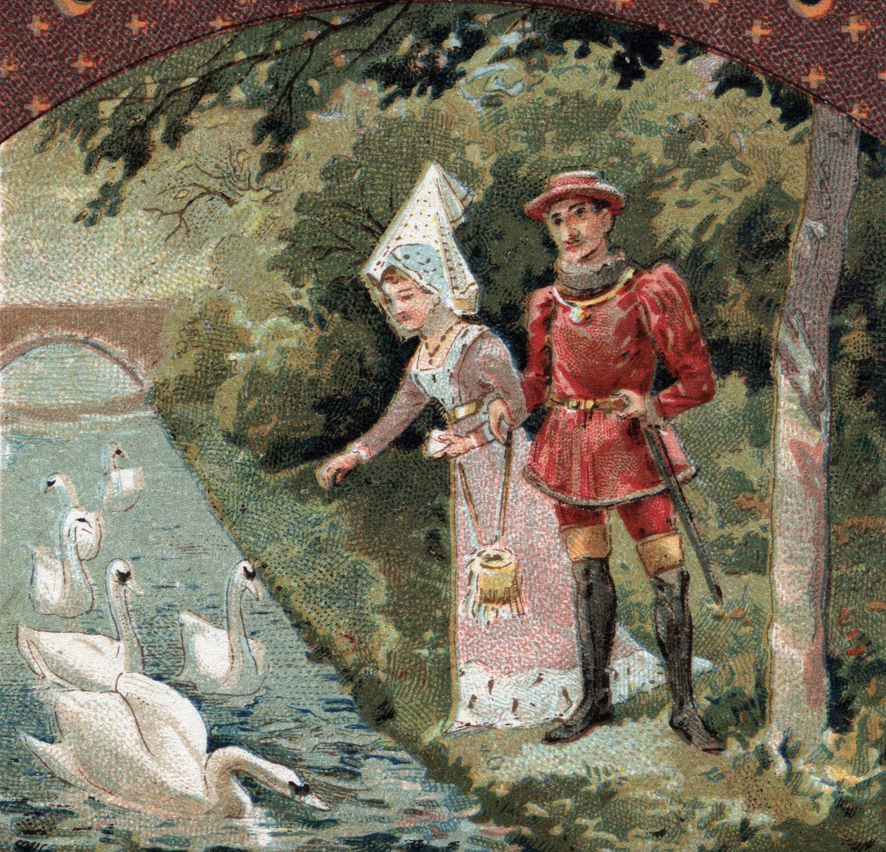 Carlos VII (1403-1461) con su favorita, Agnes Sorel (conocida como la Dama de Beaute sur Marne (Beaute-sur-Marne) (1422-1450) alimentando cisnes en el parque del castillo de Savigny sur Orge (Savigny-sur-Orge). Cromolitografía de finales del siglo XIX de French School