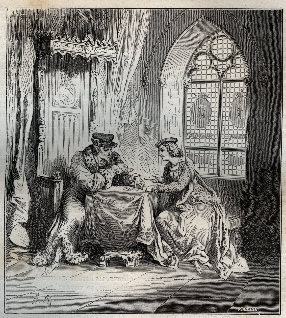 Carlos VI (1380-1422) y Odette de Champdivers - Rey Carlos VI de Francia, conocido como Carlos el Bienamado, luego Carlos el Loco (1368-1422) con su amante Odette de Champdivers (circa 1390-circa 1425) jugando a las cartas - grabado en "Paris a travers les de French School