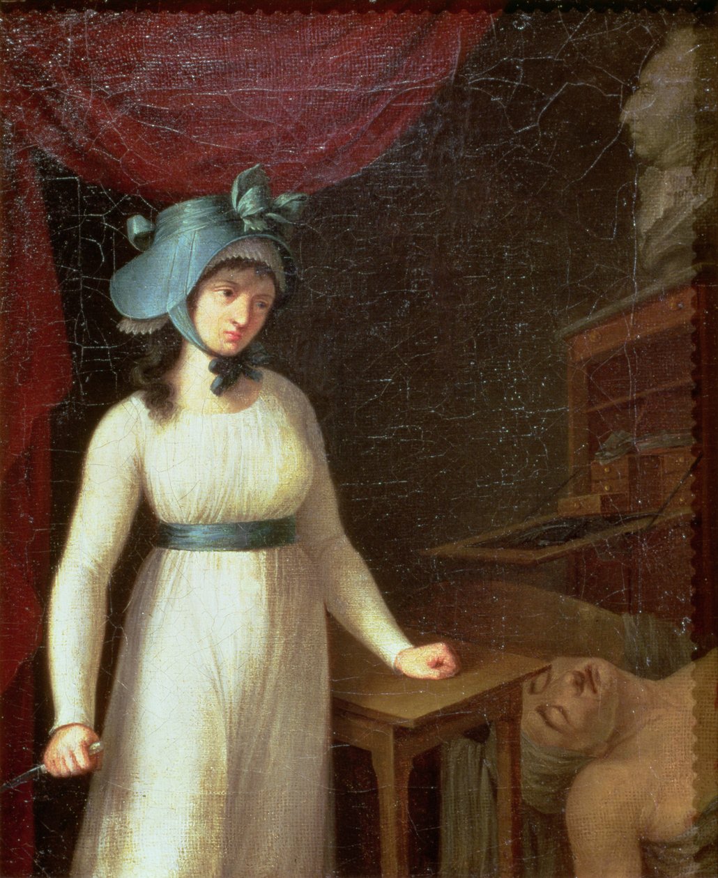 Charlotte Corday (1768-93) y el asesinato de Jean Paul Marat (1743-93) en su baño de French School