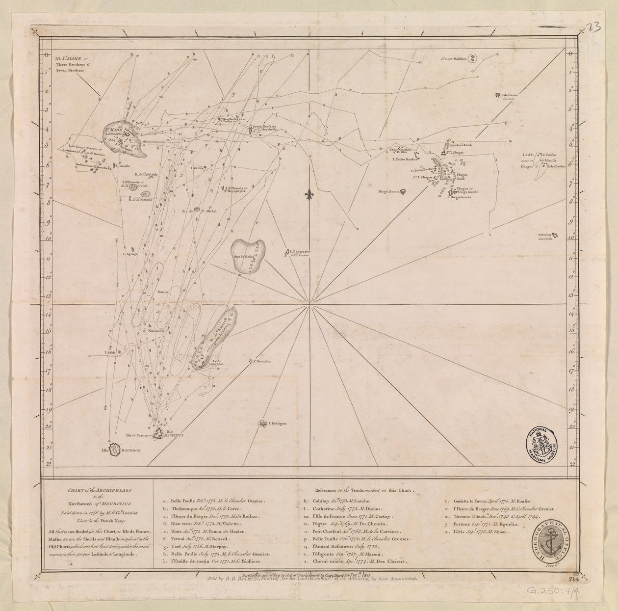Carta del archipiélago al norte de Mauricio trazada en 1776 por el teniente de navío francés M le Victe Grenier [Incluye las Seychelles, el grupo de Mauricio de las Maldivas más meridional y el archipiélago de Chagos]. de French School