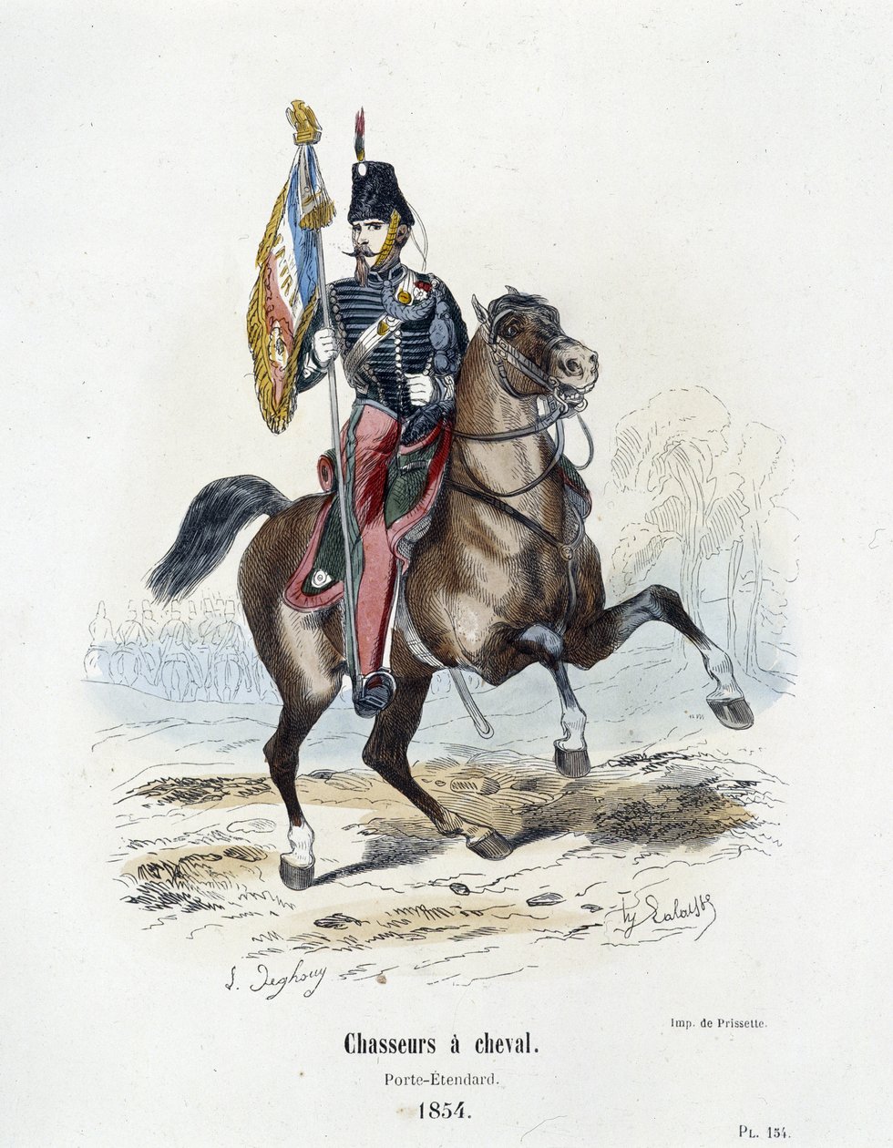 Cazadores a caballo: Portaestandarte en 1854 - en "Historia del ejército" por A. Barbier de French School