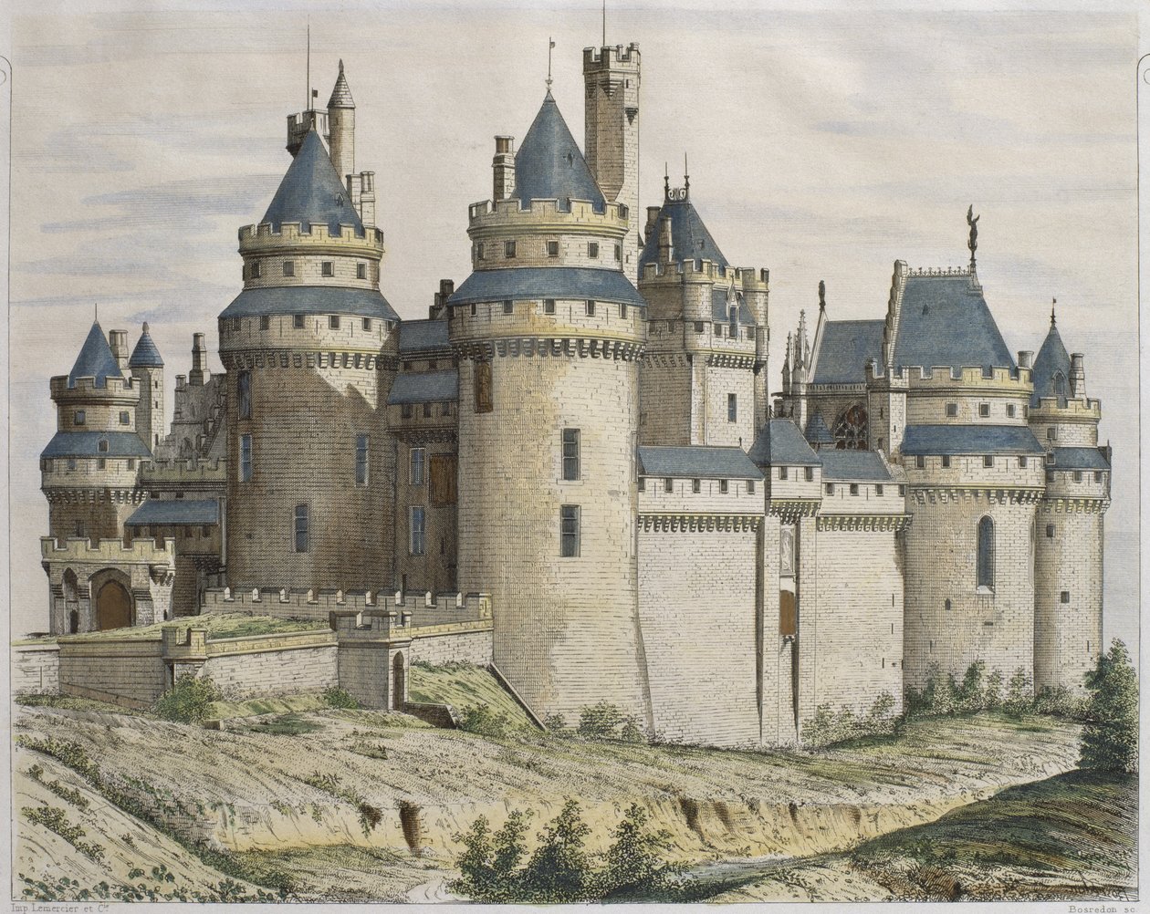 Chateau de Pierrefonds, ilustración de Le Moniteur des architectes, grabado por Bosredon de French School