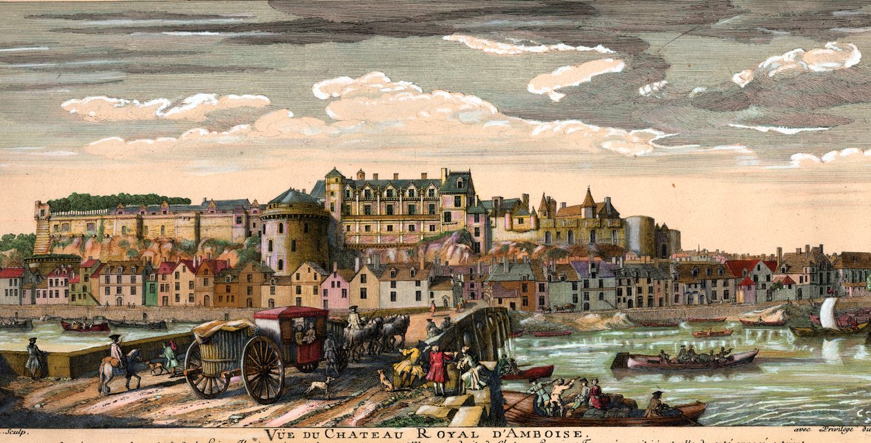 Castillos del Loira: vista del castillo de Amboise en Indre y Loira en el siglo XVIII. Grabado de época. Colección privada de French School