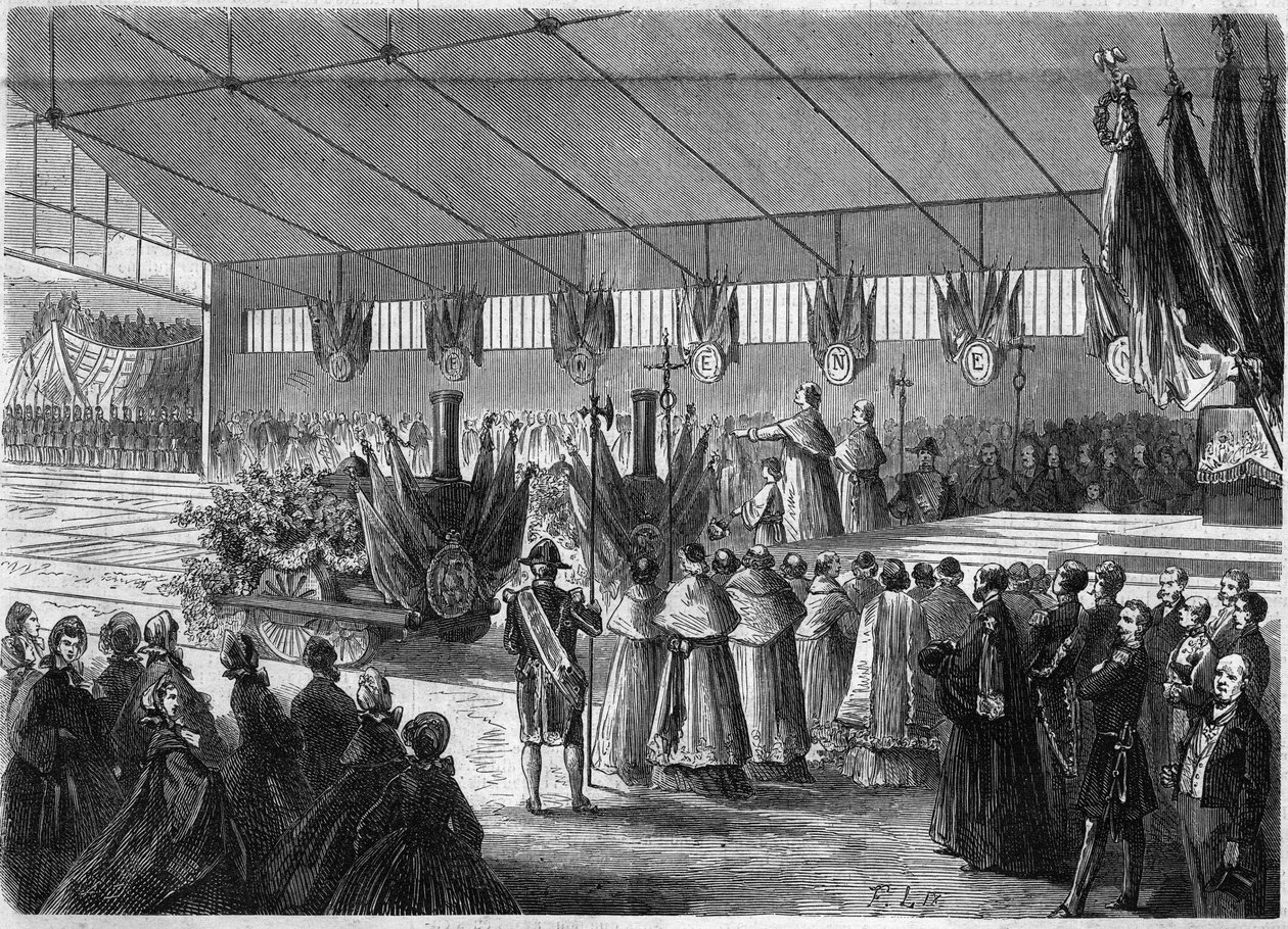 Bendición de locomotoras durante la inauguración de la línea ferroviaria entre Pont Lévêque y Honfleur, Calvados (14) de French School