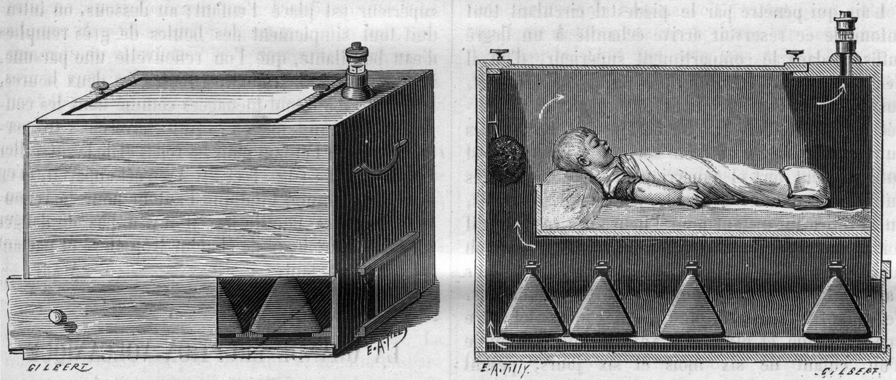 Incubadora infantil del Dr. Alfred Auvard (1855-1940), según el aparato utilizado en la sala de maternidad, a la izquierda, vista externa, a la derecha vista interna. En “La Nature. Revue des sciences et de ses applications aux arts et à l