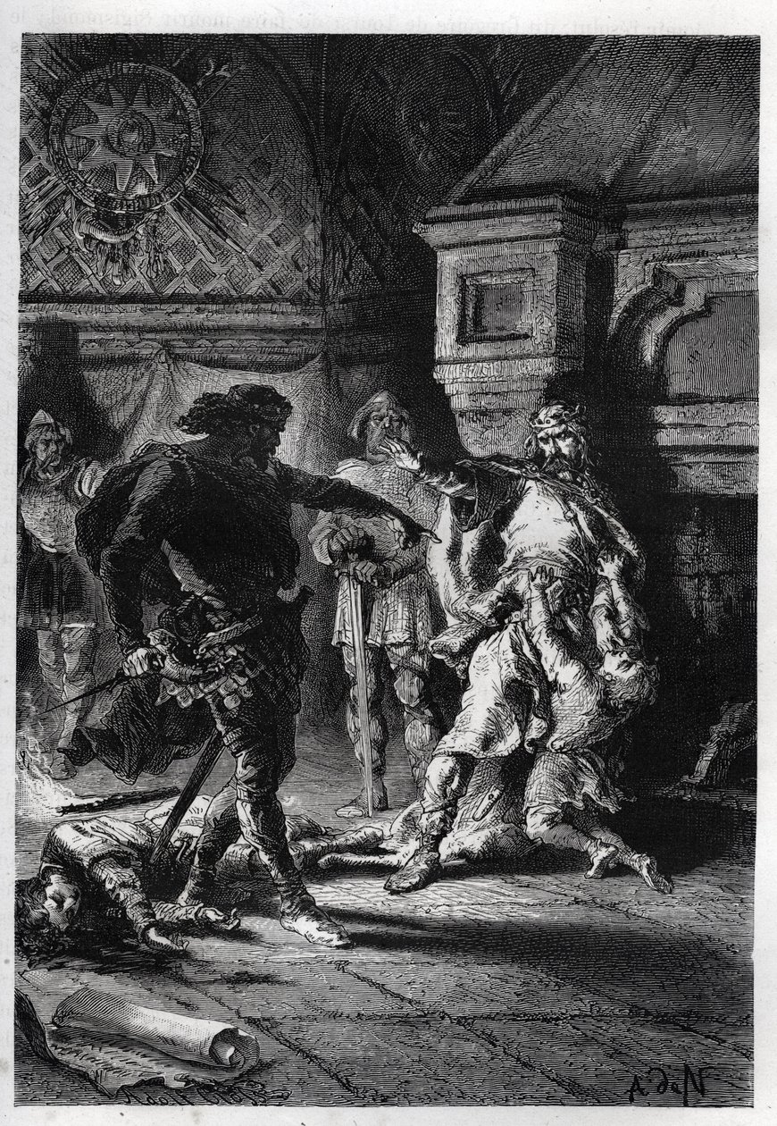 Childeberto I (c498-558) en el asesinato de los herederos de sus hermanos en 526 - Childeberto I dejó que Clotario (Clothaire) masacrara a los hijos de su hermano Clodomiro, Rey de Orleans, cuyos estados comparten, 526 - grabado de "L