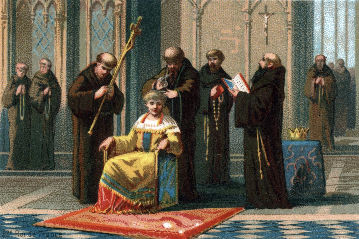 Childerico III, rey de 742 a 752, en el monasterio de Saint Bertin, cerca de Saint-Omer, donde fue encerrado por el alcalde del palacio australiano, Charles Martel, 737. Cromolitografía alrededor de 1890. de French School
