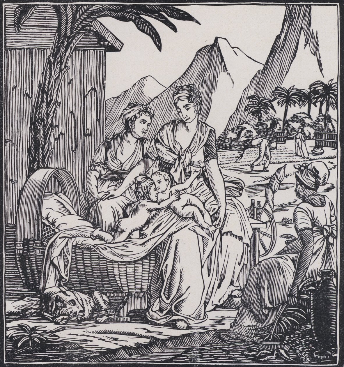 Infancia de Paul y Virginie, escena de la novela Paul et Virginie del escritor francés Jacques-Henri Bernardin de Saint-Pierre (litografía) de French School