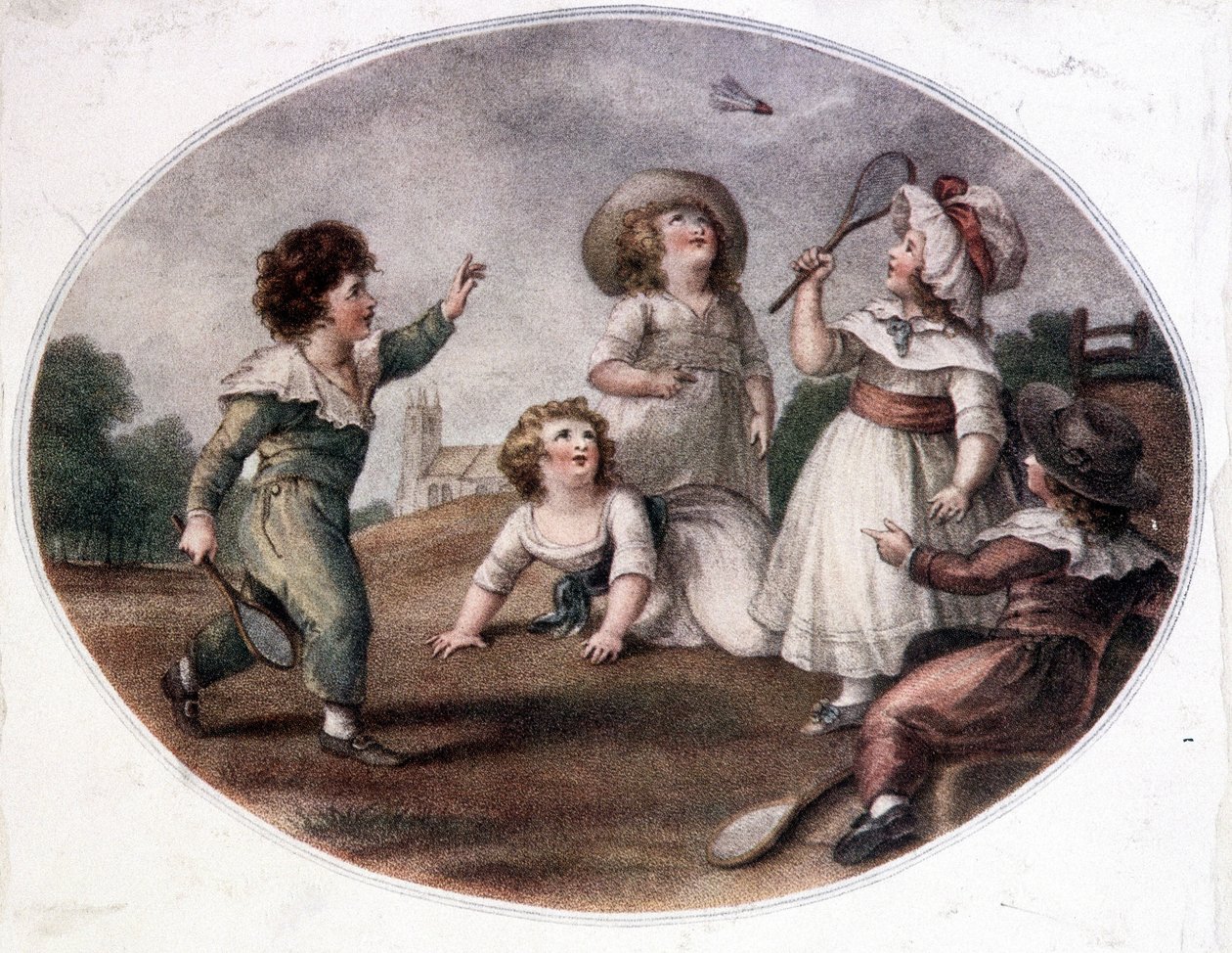 Niños jugando al juego de la rueda (ahora bádminton) de French School