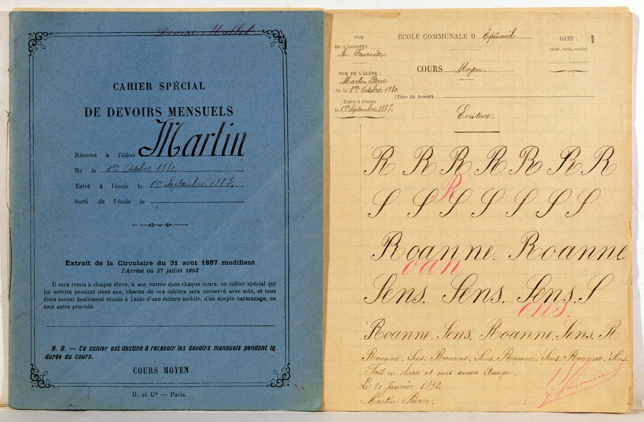 Cuaderno de ejercicios de un niño de la escuela en Epineuil, 1892 de French School