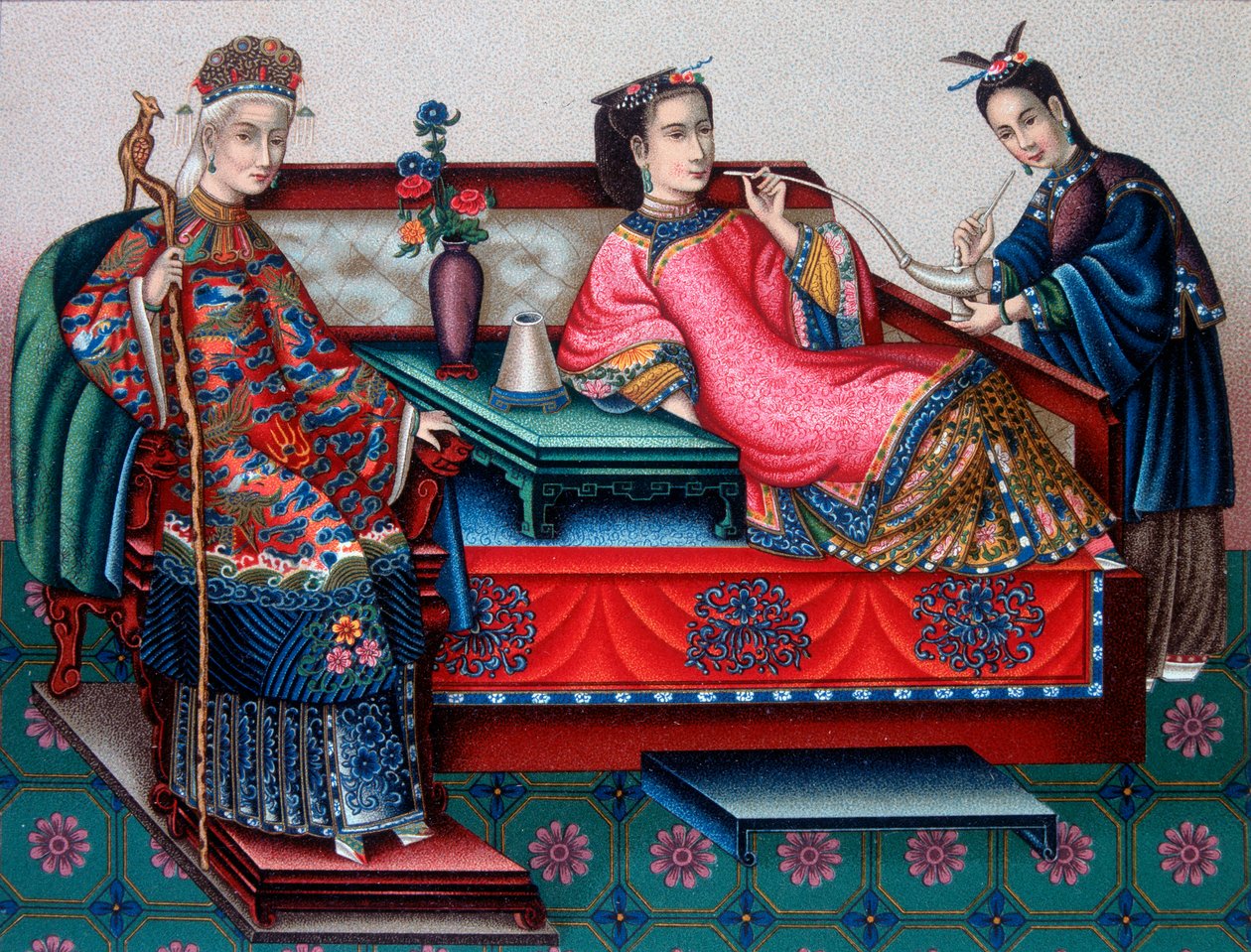 Mujeres nobles chinas fumando opio - en "El traje histórico" por Racinet de French School