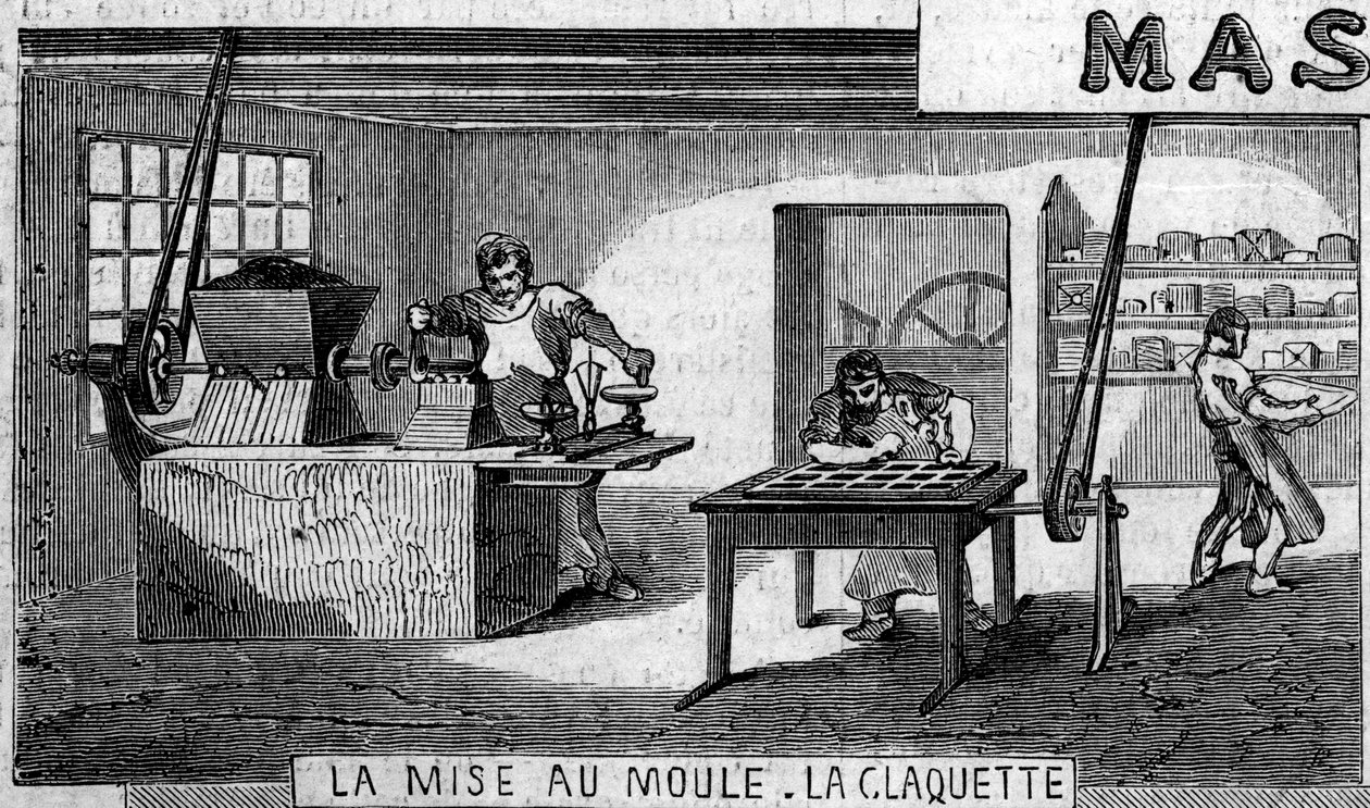 Fabricación de chocolate: pesaje y moldeado, grifo. Usine de M. Masson, París de French School